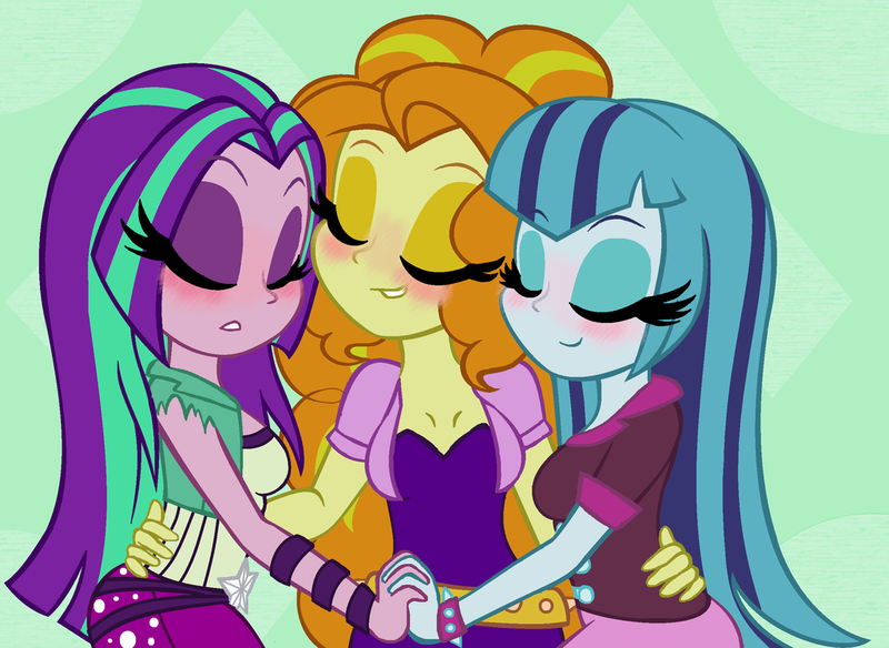 Size: 1024x747 | Tagged: dead source, safe, artist:queentigrel, derpibooru import, edit, adagio dazzle, aria blaze, sonata dusk, equestria girls, rainbow rocks, adaria, alternate hairstyle, arisona, blushing, cute, dazzlebetes, female, holding hands, lesbian, loose hair, ot3, polydazzlings, shipping, simple background, sonagio, the dazzlings