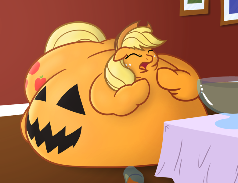 Size: 1280x985 | Tagged: applebutt, apple cider, applefat, applejack, artist:bigponiesinc, belly, belly bed, big belly, bingo wings, chubby cheeks, cider, derpibooru import, expansion, fat, flank, food transformation, halloween, huge belly, immobile, impossibly large belly, jack-o-lantern, morbidly obese, nightmare night, obese, pumpkin, pumpkinjack, punch bowl, questionable, transformation, weight gain