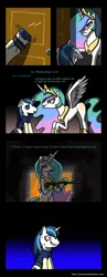 Size: 700x1806 | Tagged: artist:mimtii, comic, derpibooru import, dialogue, drawn together, gun, princess celestia, safe, scene parody, shining armor, shotgun, weapon