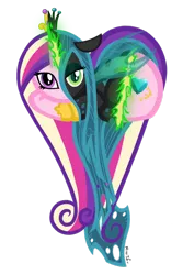 Size: 730x1095 | Tagged: safe, artist:missitofu, derpibooru import, princess cadance, queen chrysalis, alicorn, changeling, pony, character to character, crown, disguise, disguised changeling, duality, fake cadance, female, heart changeling, heart pony, hoof shoes, jewelry, magic, mare, regalia, simple background, solo, transformation, transforming accessories, transparent background