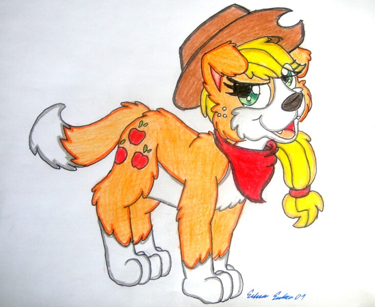 Size: 1398x1146 | Tagged: appledog, applejack, artist:silversimba01, bandana, derpibooru import, dog, dogified, safe, solo, species swap, traditional art