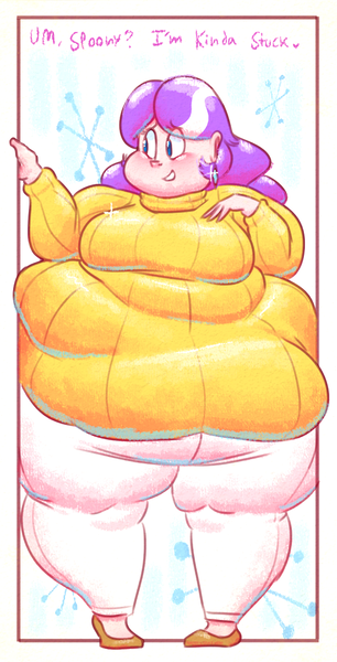Size: 611x1198 | Tagged: artist:secretgoombaman12345, belly, big belly, blushing, breasts, chubby cheeks, chubby diamond, clothes, derpibooru import, diamond tiara, fat, fat boobs, human, humanized, morbidly obese, obese, questionable, solo, stuck, sweater, thunder thighs, wide hips