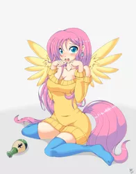 Size: 900x1150 | Tagged: adorasexy, artist:average-hanzo, breasts, busty fluttershy, cleavage, clothes, cute, derpibooru import, female, fluttershy, human, humanized, kneesocks, moe, off shoulder, potion, sexy, shyabetes, socks, solo, solo female, suggestive, sweater dress, sweatershy, tailed humanization, winged humanization