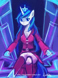 Size: 1440x1920 | Tagged: anthro, arm hooves, artist:lumineko, breasts, busty gleaming shield, crossed legs, female, gleaming shield, looking at you, pixiv, rule 63, shining armor, solo, solo female, suggestive, throne