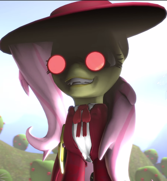 Size: 646x704 | Tagged: 3d, alucard, alushy, artist:argodaemon, crossover, derpibooru import, fangs, fluttershy, glasses, grin, hat, hellsing, safe, smiling, solo, source filmmaker, the crimson fluttr, vampire