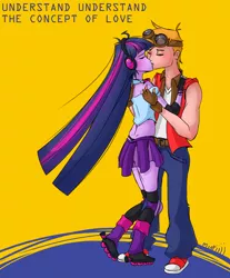 Size: 1720x2080 | Tagged: safe, artist:mimtii, derpibooru import, big macintosh, twilight sparkle, equestria girls, female, goggles, headphones, jet set radio, jet set radio future, kissing, male, shipping, straight, twimac