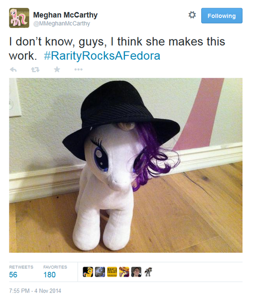 Size: 612x717 | Tagged: build-a-bear, derpibooru import, fedora, hat, irl, meghan mccarthy, photo, plushie, rarity, rarity rocks a fedora, safe, twitter