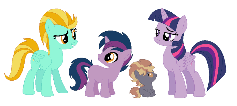 Size: 1044x468 | Tagged: safe, artist:unoriginai, derpibooru import, lightning dust, twilight sparkle, twilight sparkle (alicorn), oc, alicorn, pony, unicorn, blank flank, colt, crack shipping, cute, family, female, filly, foal, magical lesbian spawn, male, mare, offspring, parent:lightning dust, parent:twilight sparkle, parents:twidust, twidust