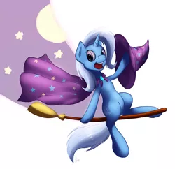 Size: 1000x969 | Tagged: safe, artist:hieronymuswhite, derpibooru import, trixie, pony, unicorn, broom, female, flying, flying broomstick, looking at you, mare, open mouth, simple background, smiling, solo, trixie's cape, trixie's hat