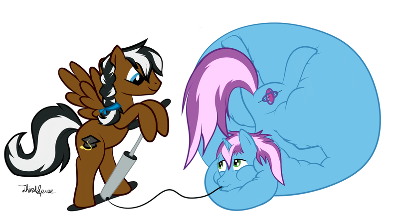 Size: 1237x690 | Tagged: questionable, artist:gyrotech, deleted from derpibooru, derpibooru import, oc, oc:gyro tech, oc:mortarboard, unofficial characters only, pegasus, pony, unicorn, air pump, inflation, male, stallion