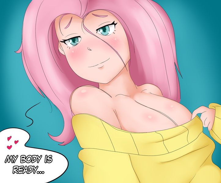 Size: 2350x1950 | Tagged: artist:ekrostrance, bedroom eyes, breasts, busty fluttershy, cleavage, clothes, derpibooru import, female, fluttershy, human, humanized, my body is ready, questionable, sweater, sweatershy