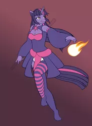 Size: 936x1280 | Tagged: anthro, artist:fibs, breasts, cleavage, clothes, derpibooru import, erect nipples, female, fire, nipple outline, socks, solo, stockings, striped socks, suggestive, twilight sparkle