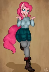 Size: 1280x1867 | Tagged: anthro, artist:fairdahlia, boots, clothes, curvy, long sleeves, pinkie pie, safe, shirt, simple background, skirt, solo, tights