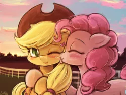 Size: 1920x1440 | Tagged: safe, artist:lumineko, derpibooru import, applejack, pinkie pie, earth pony, pony, applepie, blushing, cute, diapinkes, eyes closed, female, freckles, hat, jackabetes, lesbian, licking, mare, one eye closed, pixiv, shipping, tongue out