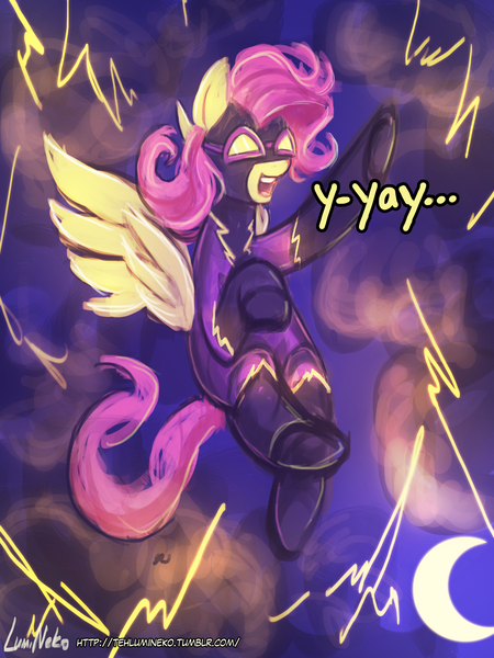 Size: 1440x1920 | Tagged: safe, artist:lumineko, derpibooru import, fluttershy, pegasus, pony, awesome, badass, badass adorable, clothes, cloud, cloudy, costume, cute, female, flutterbadass, moon, night, pixiv, shadowbolts, shadowbolts costume, short hair, short mane, shyabetes, solo, thunderstorm, yay