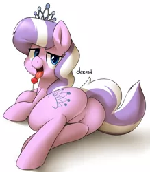 Size: 2681x3061 | Tagged: suggestive, artist:marble-soda, derpibooru import, diamond tiara, earth pony, pony, bedroom eyes, drool, featureless crotch, female, filly, foalcon, hoof hold, licking, lollipop, looking at you, looking back, open mouth, plot, prone, raised tail, simple background, smiling, solo, solo female, tail, tongue out, white background