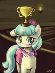Size: 1440x1920 | Tagged: safe, artist:lumineko, derpibooru import, coco pommel, earth pony, pony, 30 minute art challenge, balancing, blushing, cocobetes, cute, female, floppy ears, looking at you, mare, pixiv, saddle bag, shy, solo, trophy, trophy waifu