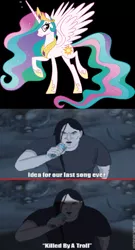 Size: 814x1505 | Tagged: caption, human, idea, image macro, lowres, meme, metalocalypse, nathan explosion, princess celestia, recorder, safe, song, troll, trollestia