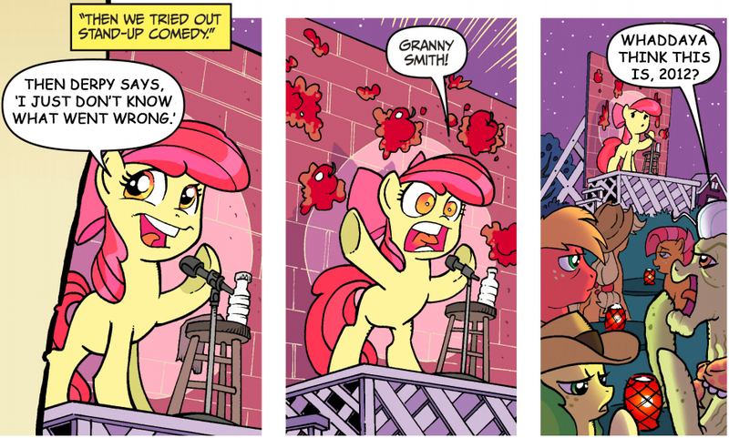 Size: 940x565 | Tagged: 2012, apple bloom, apple bloom's bad joke, apple fritter, applejack, babs seed, derpibooru import, exploitable meme, friends forever, granny smith, idw, safe, spoiler:comic, spoiler:comicff2