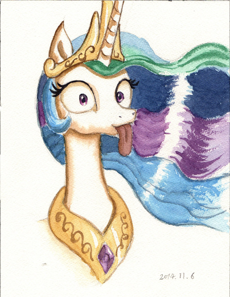 Size: 2127x2743 | Tagged: safe, artist:plainoasis, derpibooru import, princess celestia, pony, sillestia, silly, silly pony, simple background, solo, tongue out, traditional art, watercolor painting