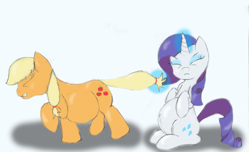 Size: 1280x784 | Tagged: applejack, artist:mlp-pregnancy-is-magic, belly, belly button, derpibooru import, magic, pregnant, rarity, safe, tail pull