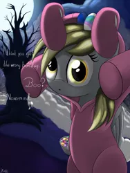 Size: 1200x1600 | Tagged: safe, artist:irregular-entity, derpibooru import, derpy hooves, pegasus, pony, rabbit, basket, bunny costume, clothes, cute, derpabetes, easter, easter egg, female, mare, moon, night, solo