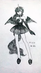 Size: 540x960 | Tagged: artist:zhu skin, derpibooru import, eared humanization, horned humanization, human, humanized, monochrome, pixiv, princess luna, safe, solo, tailed humanization, traditional art, winged humanization