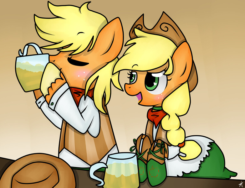 Size: 3000x2300 | Tagged: applejack, applejack (male), applejack's hat, applejacks (shipping), artist:kikirdcz, blushing, cider, clothes, cowboy hat, derpibooru import, dress, drunk, drunk aj, female, hat, male, rule 63, safe, selfcest, self ponidox, shipping, straight