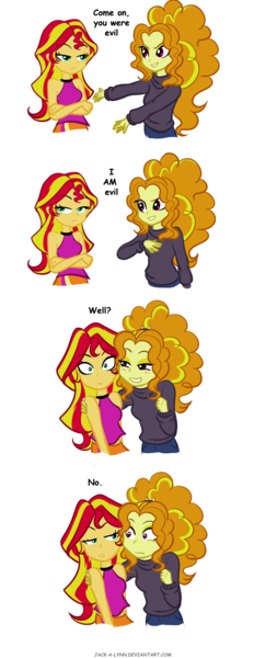 Size: 1463x3777 | Tagged: safe, artist:jacky-bunny, derpibooru import, adagio dazzle, sunset shimmer, equestria girls, rainbow rocks, blushing, clothes, comic, female, lesbian, midriff, no, shipping, shipping denied, sleeveless, sunsagio, sweater