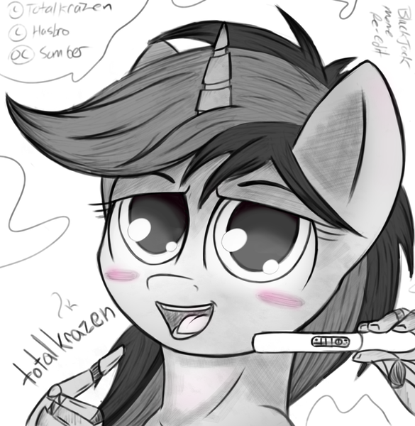 Size: 1106x1135 | Tagged: dead source, safe, artist:allyster-black, derpibooru import, oc, oc:blackjack, unofficial characters only, cyborg, pony, unicorn, fallout equestria, fallout equestria: project horizons, female, mare, pregnancy test, pregnancy test meme