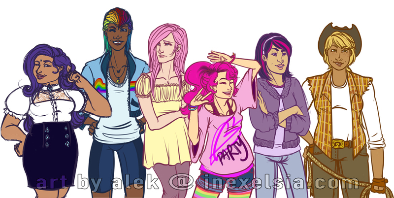 Size: 1194x600 | Tagged: safe, artist:alekinexelsis, derpibooru import, applejack, fluttershy, pinkie pie, rainbow dash, rarity, twilight sparkle, human, dark skin, diversity, humanized, mane six, transgender