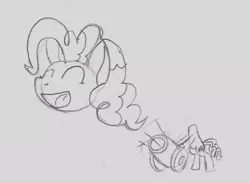 Size: 953x696 | Tagged: artist:airship-king, ask brainy twilight, cannon, derpibooru import, detachable head, disembodied head, eyes closed, headcannon, headless, modular, monochrome, open mouth, pinkie being pinkie, pinkie pie, safe, sketch, smiling, solo, traditional art, wat