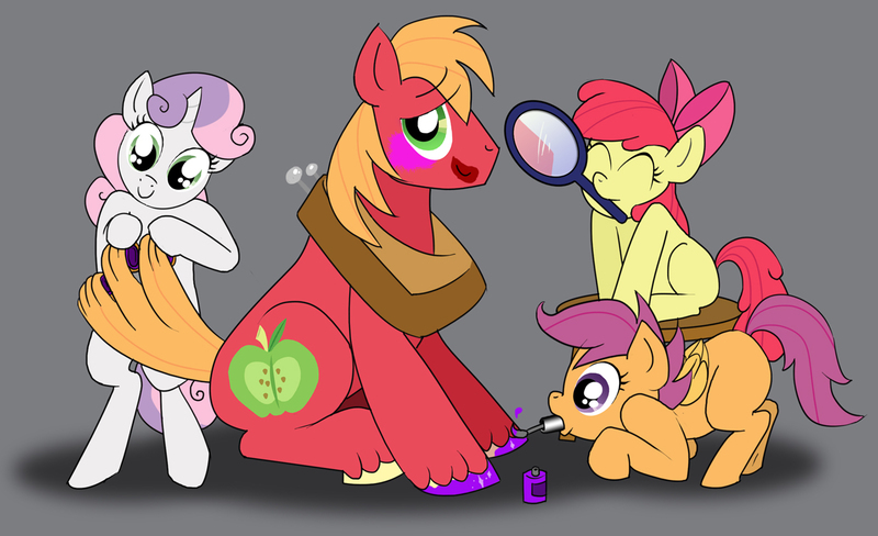 Size: 1383x843 | Tagged: safe, artist:susiebeeca, derpibooru import, apple bloom, big macintosh, scootaloo, sweetie belle, earth pony, pony, crossdressing, cutie mark crusaders, hair curlers, hoof polish, lipstick, makeover, makeup, male, mirror, stallion