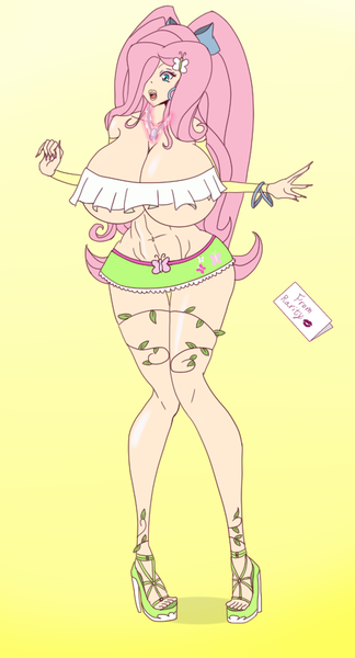 Size: 472x873 | Tagged: artist:annon, big breasts, bimbo, bimbo 1.0, bimboification, bimboshy, bow, bracelet, breast expansion, breasts, busty fluttershy, butterfly, cleavage, clothes, curvy, derpibooru import, eyebrows, eyelashes, eyeliner, eyeshadow, female, fluttershy, glow, gradient background, hair bow, hair over one eye, high heels, huge breasts, human, humanized, impossibly large breasts, jewelry, kiss mark, long nails, magic, makeup, midriff, open mouth, pink hair, questionable, shoes, sluttershy