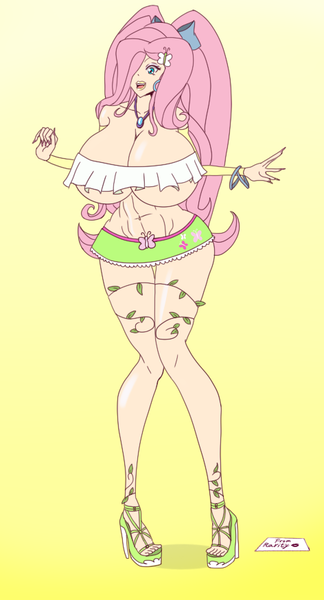 Size: 472x873 | Tagged: artist:annon, big breasts, bimbo, bimbo 1.0, bimboification, bimboshy, bow, bracelet, breasts, busty fluttershy, butterfly, clothes, derpibooru import, eyebrows, eyelashes, eyeliner, eyeshadow, female, fluttershy, gradient background, hair bow, hair over one eye, happy, high heels, huge breasts, human, humanized, impossibly large breasts, jewelry, kiss mark, long nails, makeup, midriff, open mouth, pink hair, platform heels, questionable, shoes, short skirt, skimpy, skirt, sluttershy, solo, solo female, wide hips