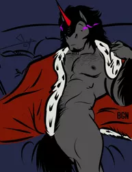 Size: 616x800 | Tagged: suggestive, artist:bgn, derpibooru import, king sombra, anthro, bed, cape, chest hair, clothes, crown, king hunkbra, male, pillow, pubic hair, solo, solo male, strategically covered, stupid sexy sombra