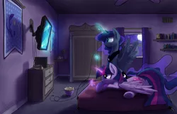 Size: 3000x1941 | Tagged: safe, artist:darkflame75, derpibooru import, princess luna, twilight sparkle, twilight sparkle (alicorn), alicorn, pony, gamer luna, bed, chips, controller, duo, equestrian flag, female, full moon, gaming, magic, mare, moon, night, playing, prone, sitting, smiling, snacks, telekinesis, television, underhoof, video game