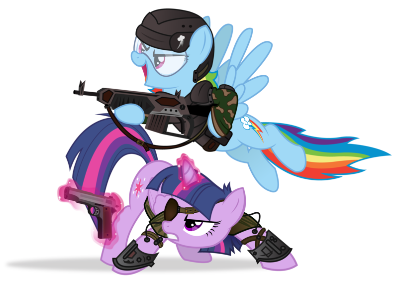 Size: 4000x2861 | Tagged: safe, artist:icaron, derpibooru import, rainbow dash, twilight sparkle, twilight sparkle (alicorn), alicorn, pony, battletech, crossover, eyepatch, female, glowing horn, gun, helmet, mare, mechwarrior, show accurate, simple background, transparent background