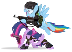 Size: 4000x2861 | Tagged: safe, artist:icaron, derpibooru import, rainbow dash, twilight sparkle, twilight sparkle (alicorn), alicorn, pony, battletech, crossover, eyepatch, female, glowing horn, gun, helmet, mare, mechwarrior, show accurate, simple background, transparent background