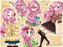 Size: 2000x1500 | Tagged: alternate hairstyle, angry, artist:zorbitas, clothes, cute, derpibooru import, floral head wreath, fluttershy, human, human coloration, humanized, miniskirt, off shoulder, peace symbol, safe, skirt, solo, sweater, sweatershy, thigh highs