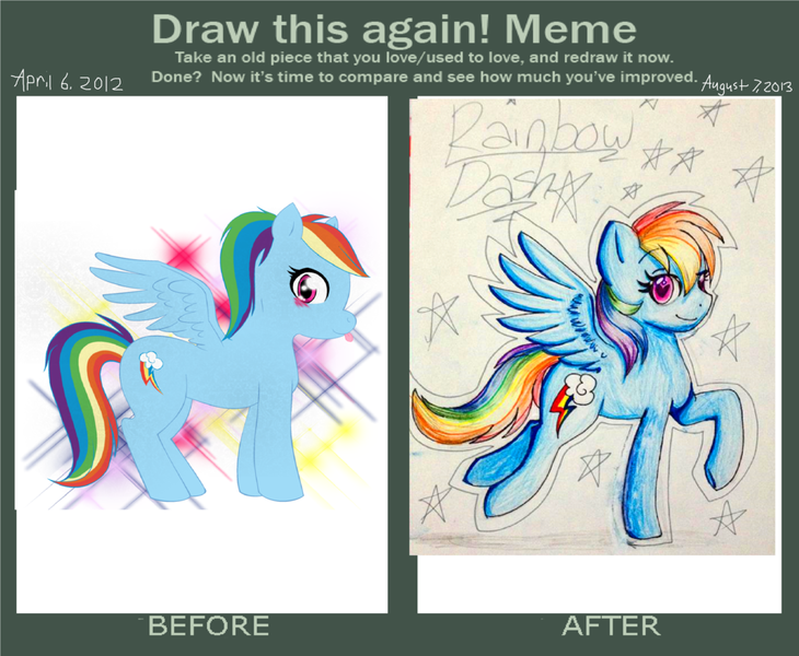 Size: 1024x842 | Tagged: artist:queensmil3y, comparison, derpibooru import, draw this again, rainbow dash, safe, solo