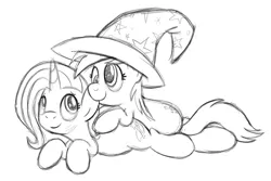 Size: 1800x1200 | Tagged: safe, artist:drawponies, derpibooru import, derpy hooves, trixie, pegasus, pony, accessory swap, ear bite, female, lesbian, mare, monochrome, shipping, sketch, tripy