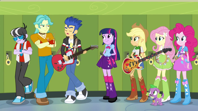 Size: 1280x716 | Tagged: safe, derpibooru import, screencap, applejack, brawly beats, flash sentry, fluttershy, pinkie pie, ringo, spike, twilight sparkle, twilight sparkle (alicorn), dog, equestria girls, rainbow rocks, background human, flash drive (band), guitar, locker, spike the dog