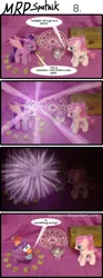 Size: 800x2153 | Tagged: safe, artist:umneem, derpibooru import, pinkie pie, twilight sparkle, twilight sparkle (alicorn), alicorn, earth pony, pony, 4koma, comic, crystal ball, female, irl, magic, magic circle, mare, mrp:sputnik, photo, plushie, runes, smeshariki, spell, transformation