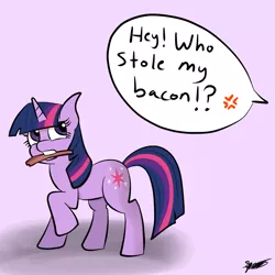 Size: 1024x1024 | Tagged: safe, artist:megajack, derpibooru import, twilight sparkle, angry, bacon, looking back, mouth hold, omnivore twilight, ponies eating meat, stealing