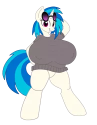 Size: 1741x2238 | Tagged: anthro, arm hooves, artist:badgerben, artist:skullman777, big breasts, breasts, busty vinyl scratch, clothes, color, derpibooru import, edited edit, female, huge breasts, impossibly large breasts, short-sleeved sweater, solo, solo female, suggestive, sunglasses, sweater, sweater puppies, unguligrade anthro, vinyl scratch