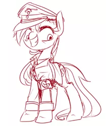 Size: 405x484 | Tagged: safe, artist:inlucidreverie, derpibooru import, oc, oc:aryanne, unofficial characters only, earth pony, pony, anticipation, big eyes, clothes, female, happy, hat, heart, mare, monochrome, nazi, nazipone, officer, overly attached girlfriend, sketch, smiling, solo, swastika, uniform