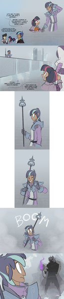 Size: 900x4184 | Tagged: armor, artist:egophiliac, bfg, clothes, coat, comic, crystal guard, crystal guard armor, derpibooru import, dress, eyes closed, frown, gray background, grin, human, humanized, king sombra, octavia melody, prosthetic limb, robotic hand, safe, shining armor, silhouette, simple background, smiling, spear, steampunk, steamquestria, twilight sparkle, twilight velvet, uniform, waving, weapon, wide eyes, younger