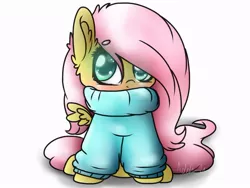 Size: 860x645 | Tagged: artist:dewdrop-210, chibi, clothes, cute, derpibooru import, fluttershy, safe, solo, sweatershy