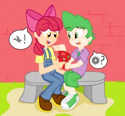 Size: 2472x2298 | Tagged: safe, derpibooru import, apple bloom, spike, duck, human, 3ds, bench, duck hunt, exclamation point, female, gears, humanized, male, megaman, open mouth, pictogram, sharing, sitting, smiling, super smash bros., teeth